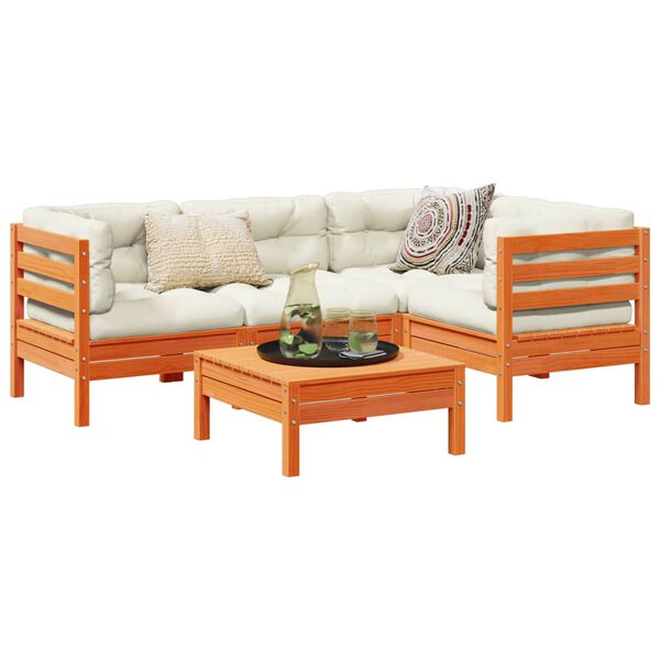 vidaXL 5 Piece Garden Sofa Set with Cushions Wax Brown Solid Wood Pine