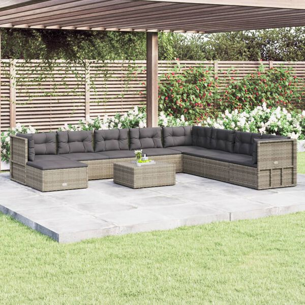 vidaXL 9 Piece Garden Lounge Set with Cushions Grey Poly Rattan
