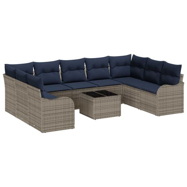 vidaXL 10 Piece Garden Sofa Set with Cushions Grey Poly Rattan