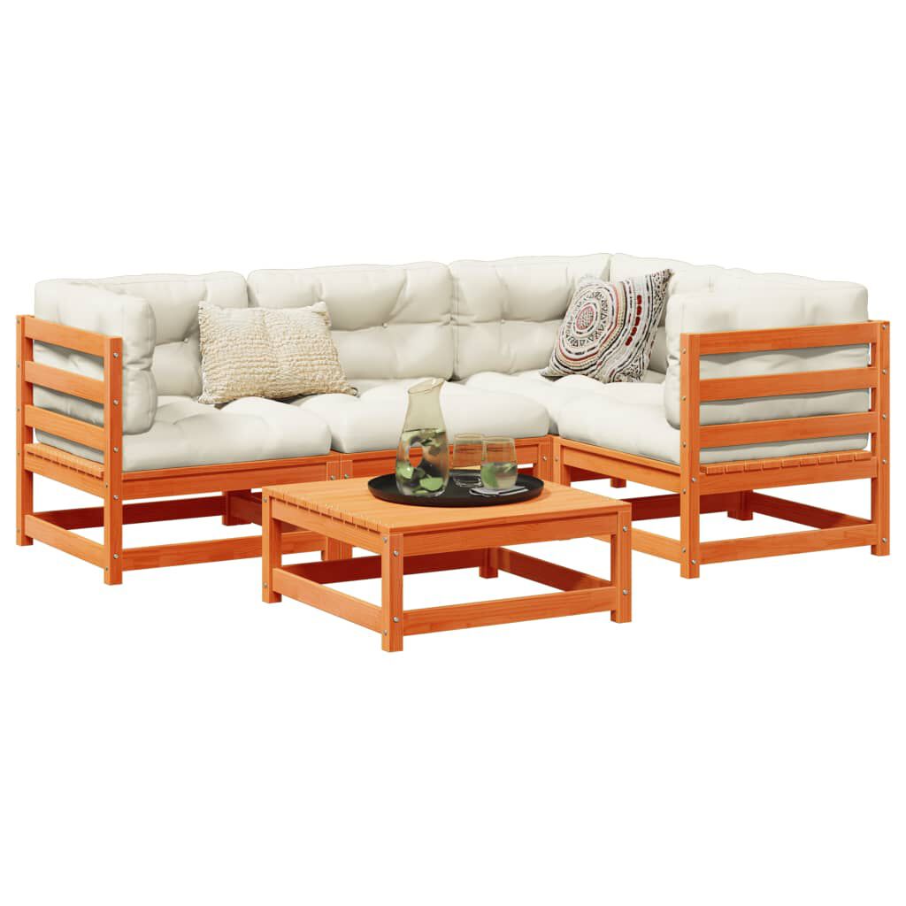 vidaXL 5 Piece Garden Sofa Set with Cushions Wax Brown Solid Wood Pine