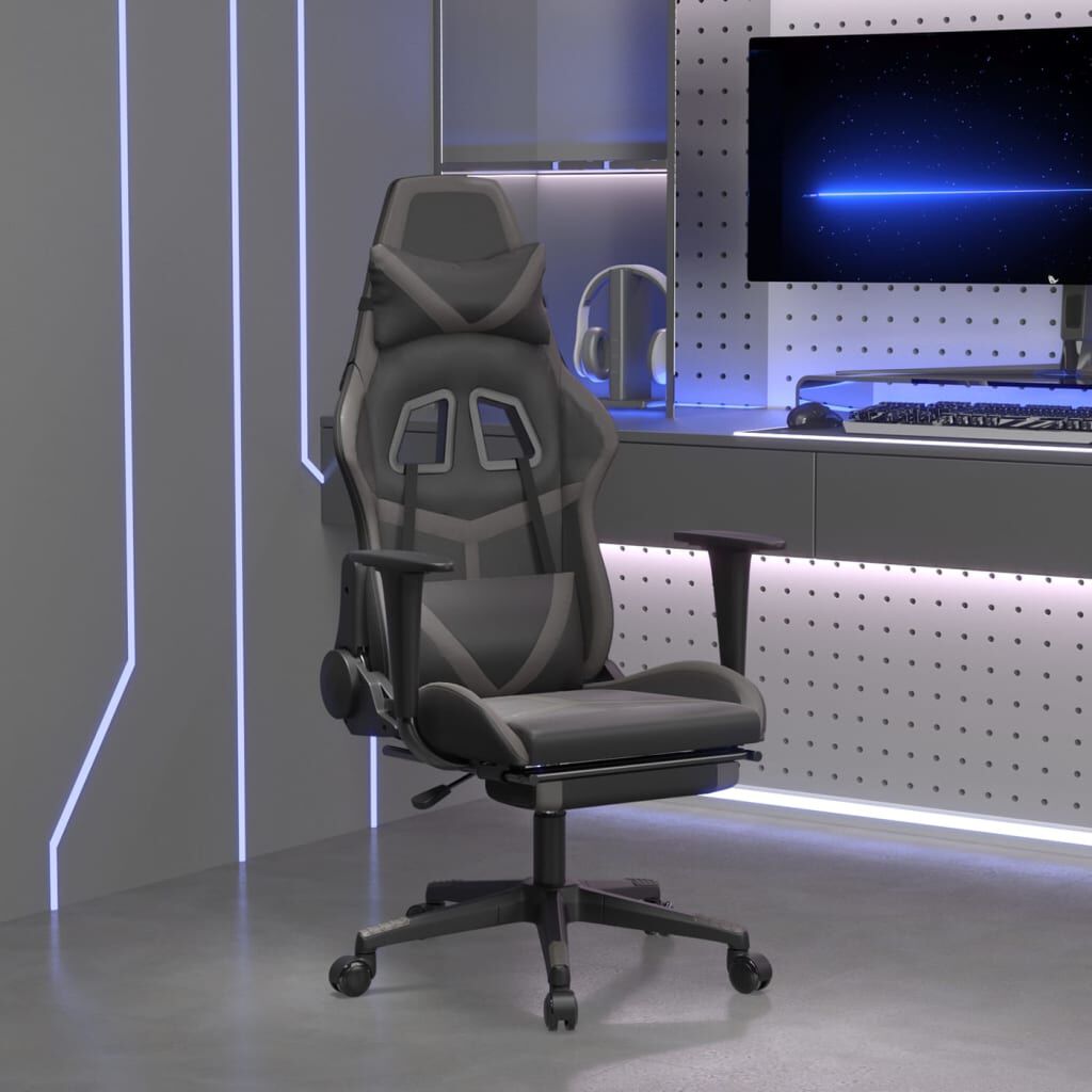 vidaXL Gaming Chair with Footrest Black and Grey Faux Leather