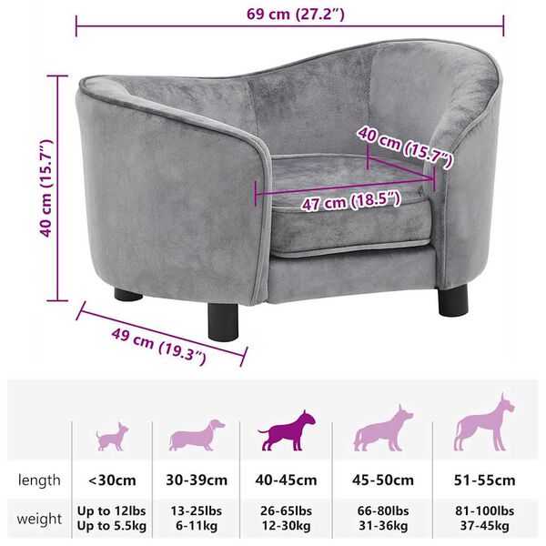 vidaXL Dog Sofa Grey 69x49x40 cm Plush