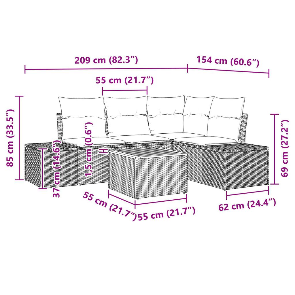 vidaXL 5 Piece Garden Sofa Set with Cushions Black Poly Rattan Acacia