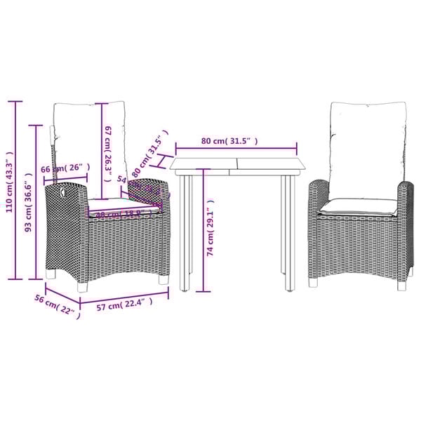 vidaXL 3 Piece Garden Dining Set with Cushions Black Poly Rattan