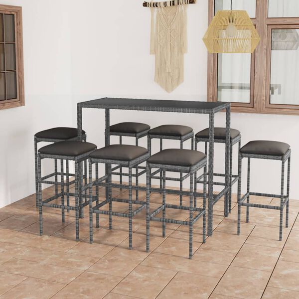 vidaXL 9 Piece Garden Bar Set with Cushions Poly Rattan Grey