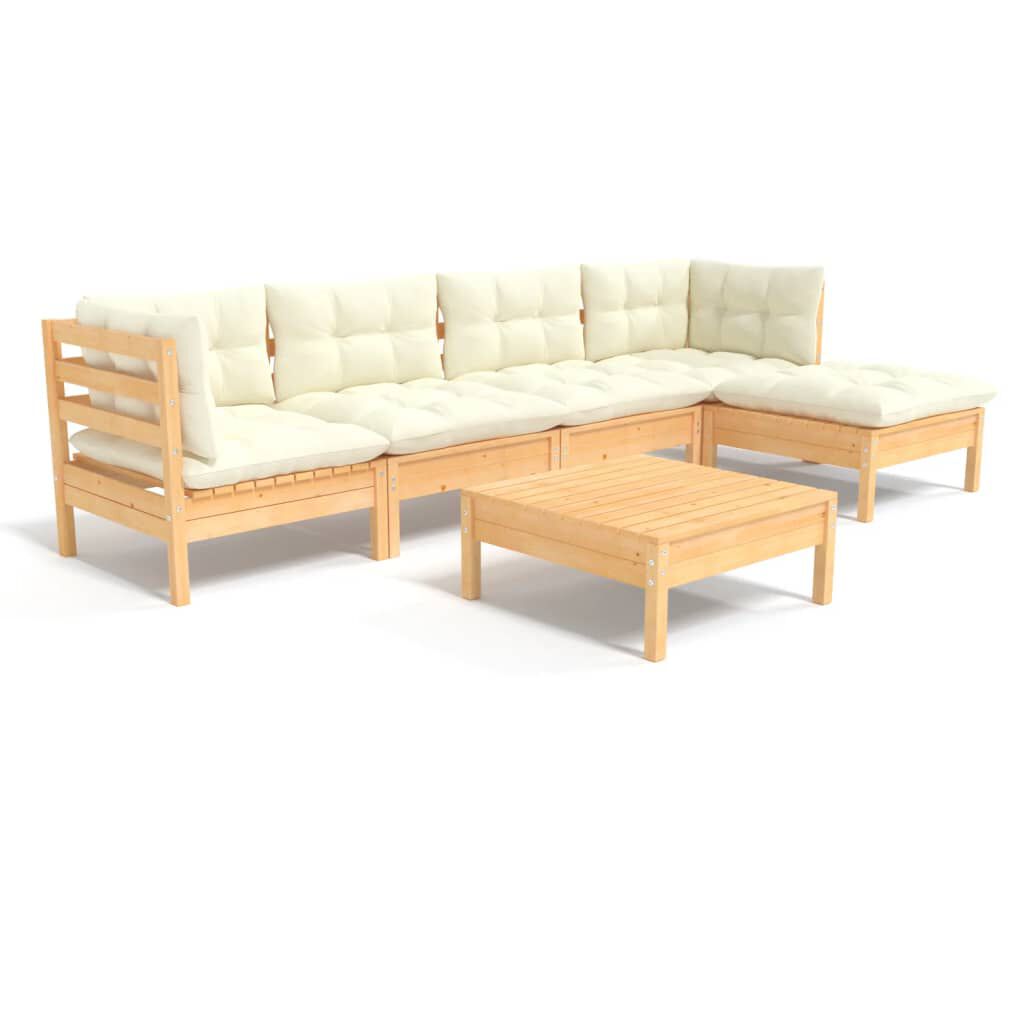 vidaXL 6 Piece Garden Lounge Set with Cream Cushions Pinewood