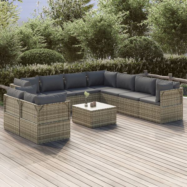 vidaXL 10 Piece Garden Lounge Set with Cushions Grey Poly Rattan
