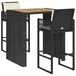 vidaXL 3 Piece Garden Bar Set with Cushions Black Poly Rattan Acacia