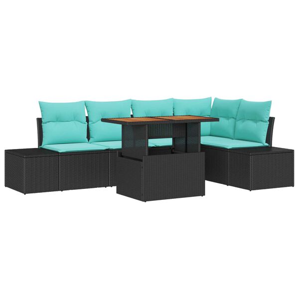 vidaXL 6 Piece Garden Sofa Set with Cushions Black Poly Rattan Acacia