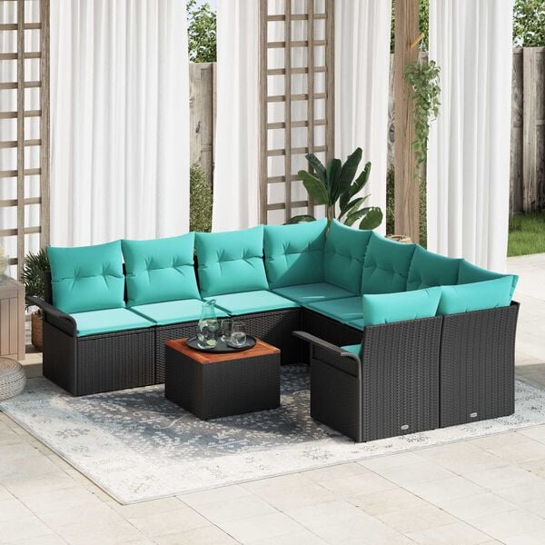 vidaXL 9 Piece Garden Sofa Set with Cushions in Black Poly Rattan and Acacia