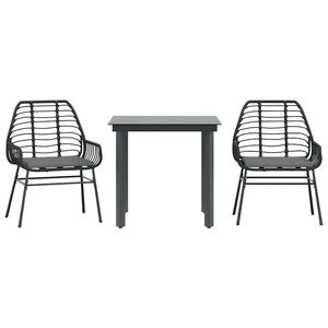 vidaXL 3 Piece Garden Dining Set with Cushions Black Poly Rattan Glass