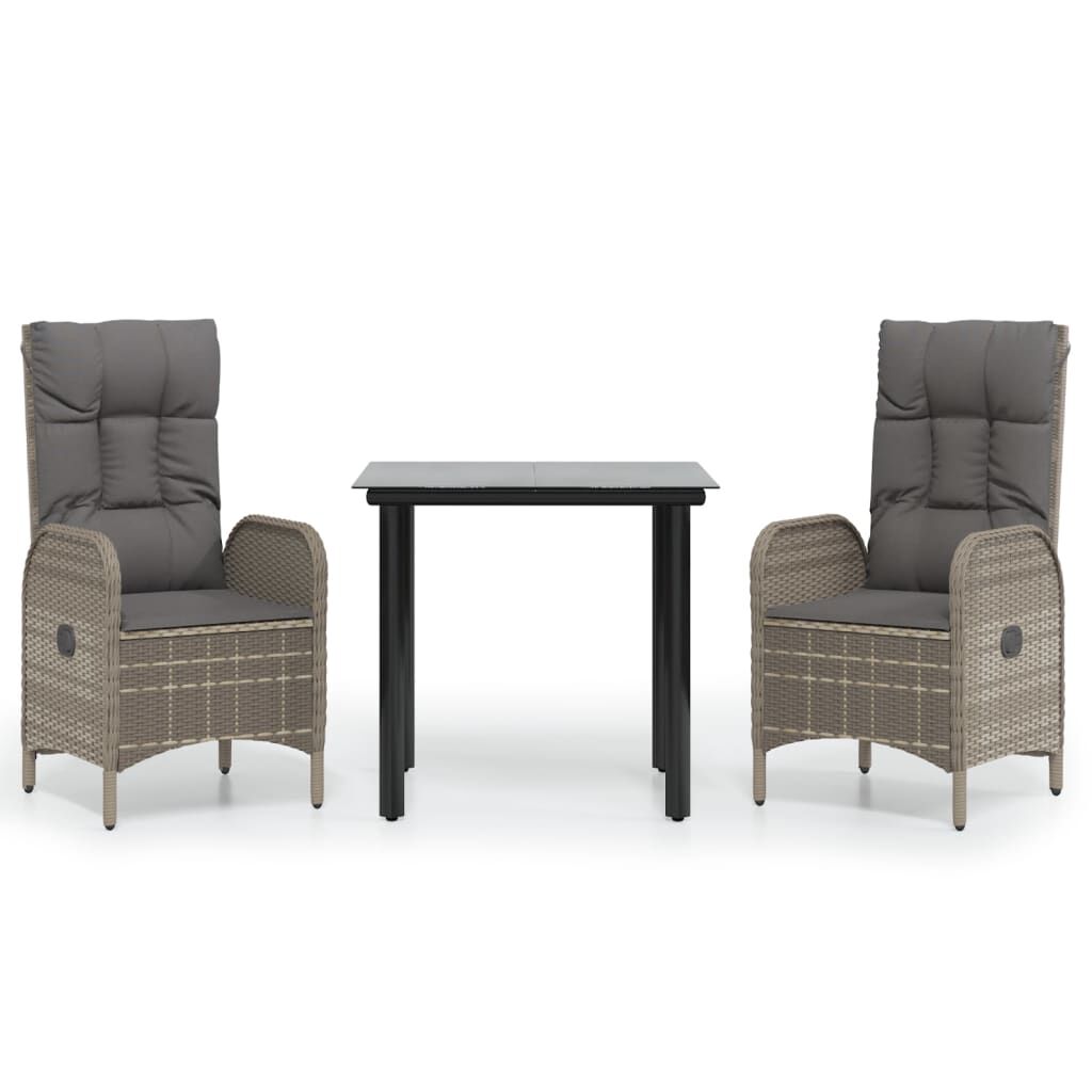 vidaXL 3 Piece Garden Dining Set with Cushions Black and Grey Poly Rattan