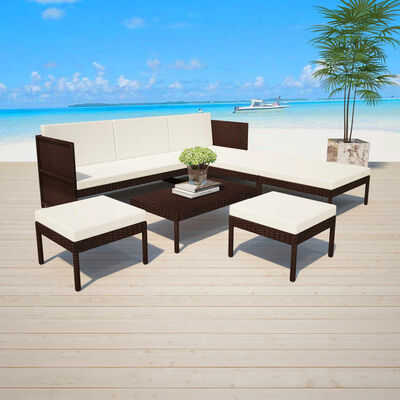 vidaXL 6 Piece Garden Lounge Set with Cushions Poly Rattan Brown