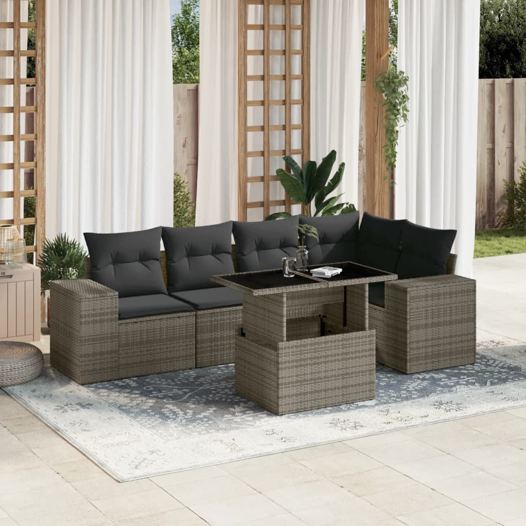 vidaXL 6 Piece Garden Sofa Set with Cushions Grey Poly Rattan