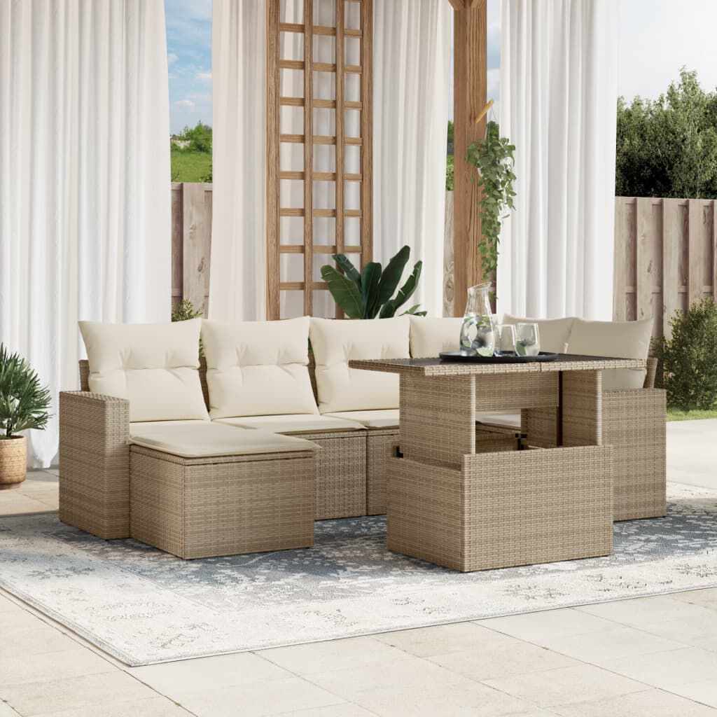 vidaXL 7 Piece Garden Sofa Set with Cushions Beige Poly Rattan