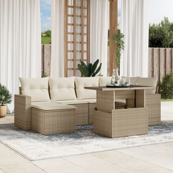 vidaXL 7 Piece Garden Sofa Set with Cushions Beige Poly Rattan