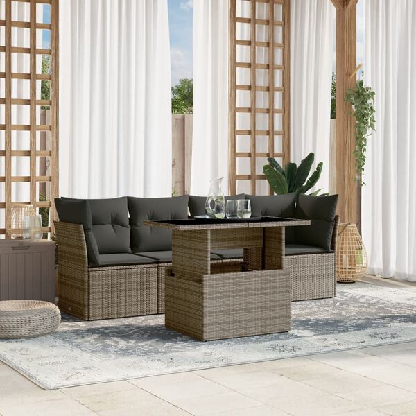 vidaXL 5 Piece Garden Sofa Set with Cushions Grey Poly Rattan