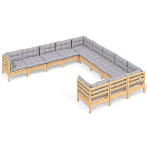 vidaXL 11 Piece Garden Lounge Set with Grey Cushions Pinewood