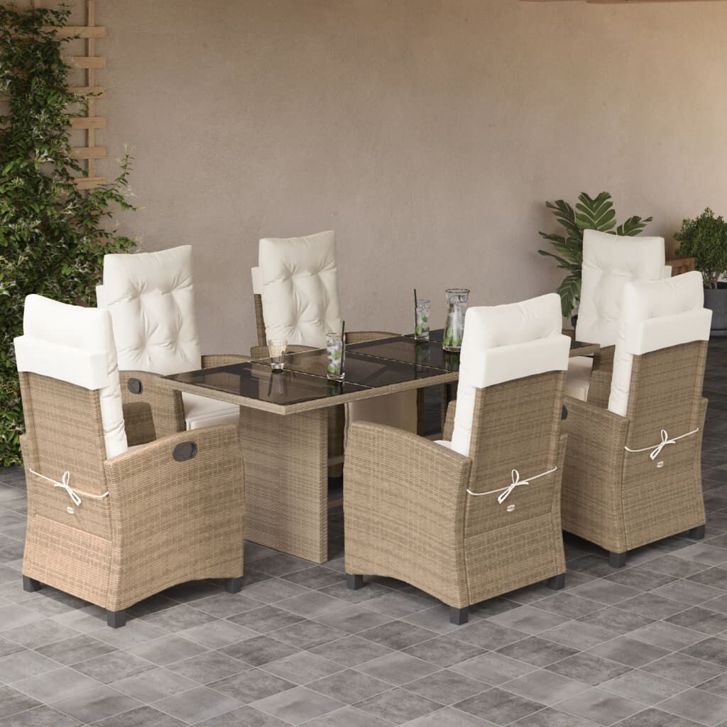 vidaXL 7 Piece Garden Dining Set with Cushions Beige Poly Rattan