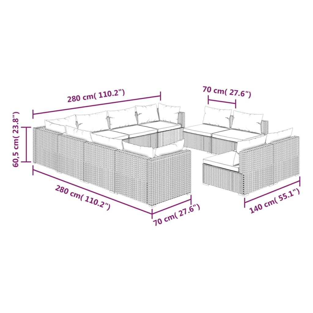 vidaXL 11 Piece Garden Lounge Set with Cushions Brown Poly Rattan