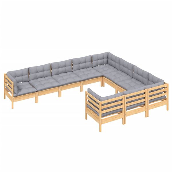 vidaXL 10 Piece Garden Lounge Set with Grey Cushions Pinewood