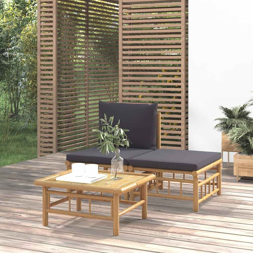vidaXL 3 Piece Garden Lounge Set with Dark Grey Cushions Bamboo