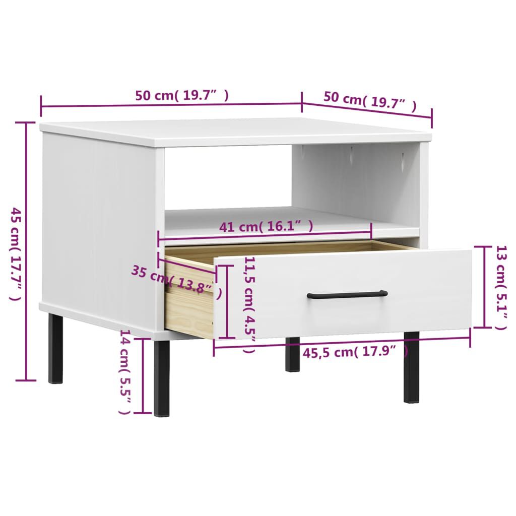vidaXL Bedside Table with Metal Legs White Solid Wood Pine OSLO