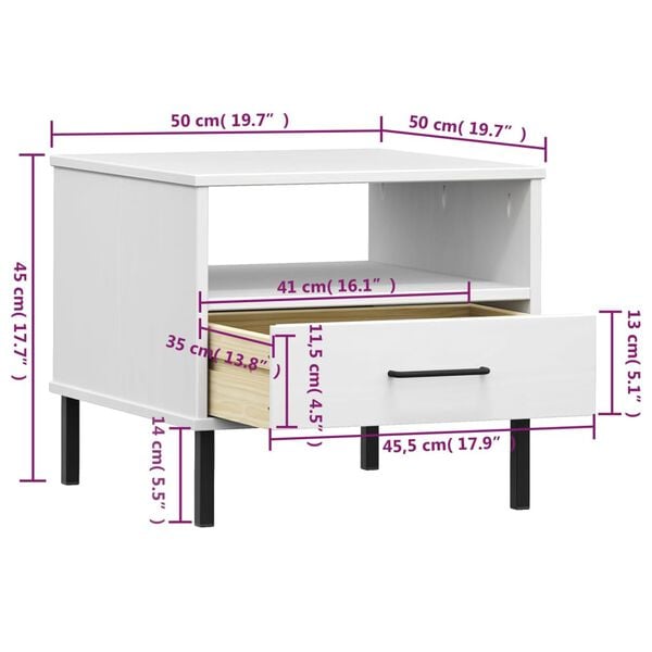 vidaXL Bedside Table with Metal Legs White Solid Wood Pine OSLO