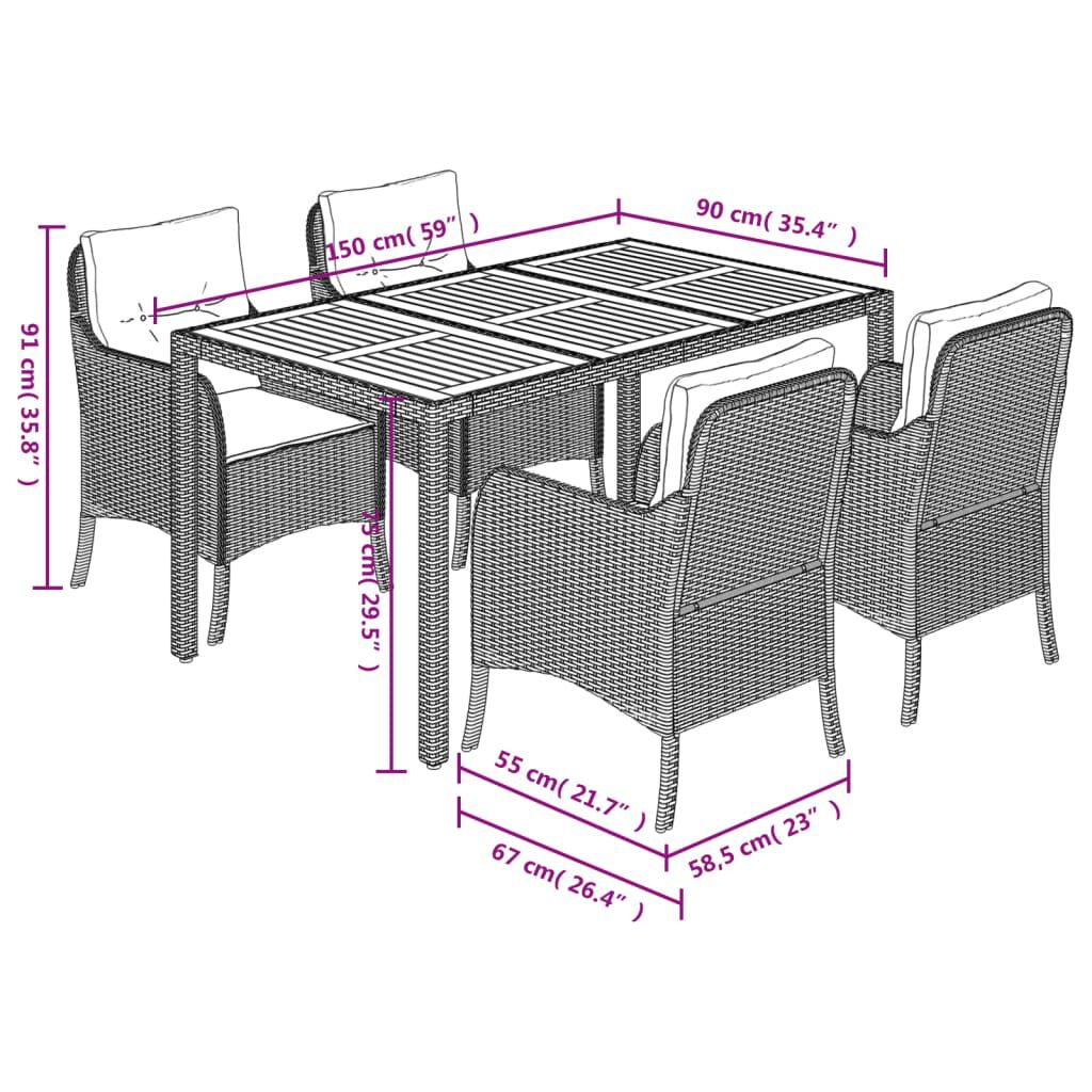 vidaXL 5 Piece Garden Dining Set with Cushions Grey Poly Rattan