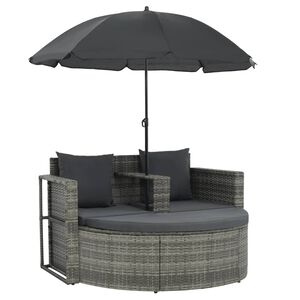 vidaXL 2 Seater Garden Sofa with Cushions and Parasol Grey Poly Rattan
