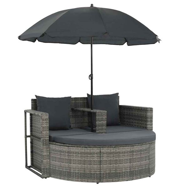 vidaXL 2 Seater Garden Sofa with Cushions and Parasol Grey Poly Rattan