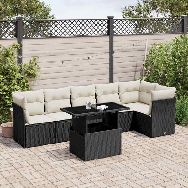 vidaXL 7 Piece Garden Sofa Set with Cushions Black Poly Rattan