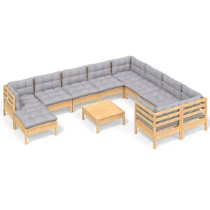 vidaXL 11 Piece Garden Lounge Set with Grey Cushions Pinewood