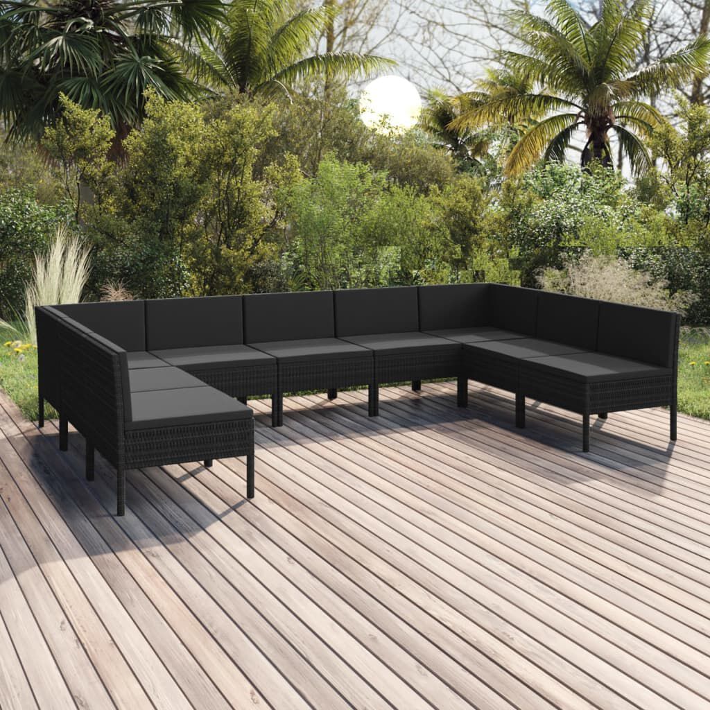 vidaXL 9 Piece Garden Lounge Set with Cushions Poly Rattan Black