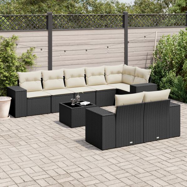 vidaXL 9 Piece Garden Sofa Set with Cushions Black Poly Rattan