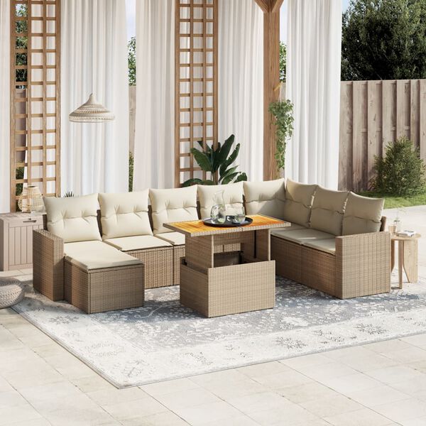 vidaXL 9 Piece Garden Sofa Set with Cushions Beige Poly Rattan