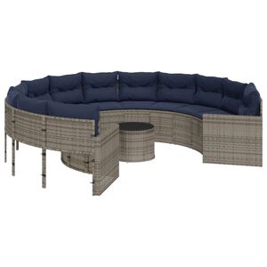 vidaXL Garden Sofa with Table and Cushions Round Grey Poly Rattan