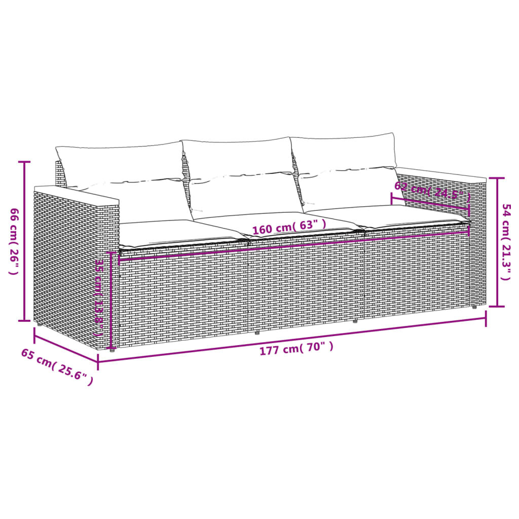 vidaXL Garden Sofa with Cushions 3-Seater Beige Poly Rattan