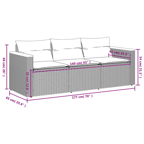 vidaXL Garden Sofa with Cushions 3-Seater Beige Poly Rattan