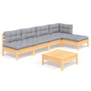 vidaXL 6 Piece Garden Lounge Set with Grey Cushions Pinewood