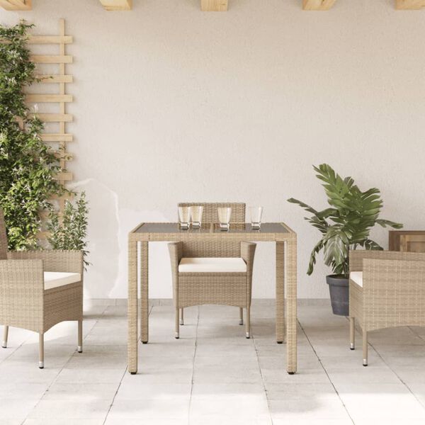 vidaXL Garden Table with Glass Top Beige 90x90x75 cm Poly Rattan