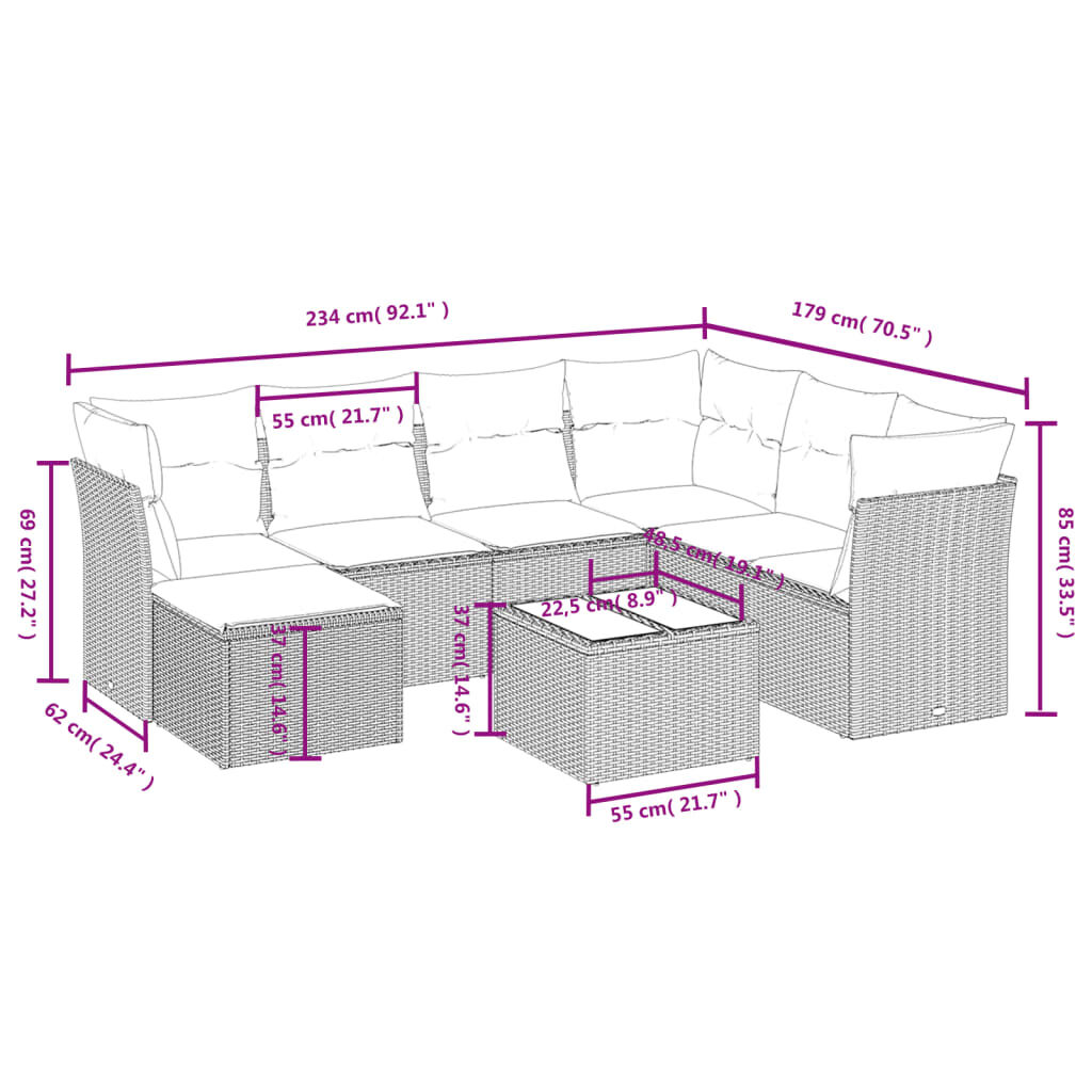 vidaXL 8 Piece Garden Sofa Set with Cushions Beige Poly Rattan