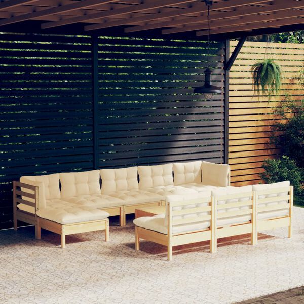 vidaXL 11 Piece Garden Lounge Set with Cream Cushions Pinewood
