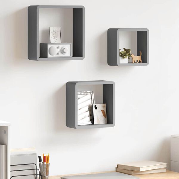 vidaXL Wall Cube Shelves 3 pcs Grey MDF