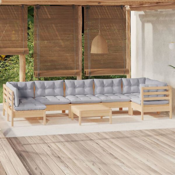 vidaXL 8 Piece Garden Lounge Set with Grey Cushions Pinewood