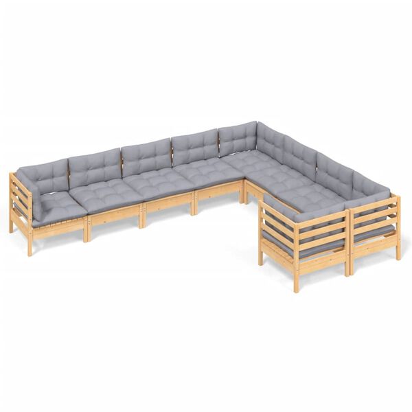 vidaXL 9 Piece Garden Lounge Set with Grey Cushions Pinewood