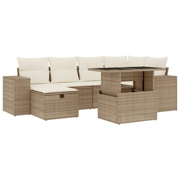 vidaXL 7 Piece Garden Sofa Set with Cushions Beige Poly Rattan