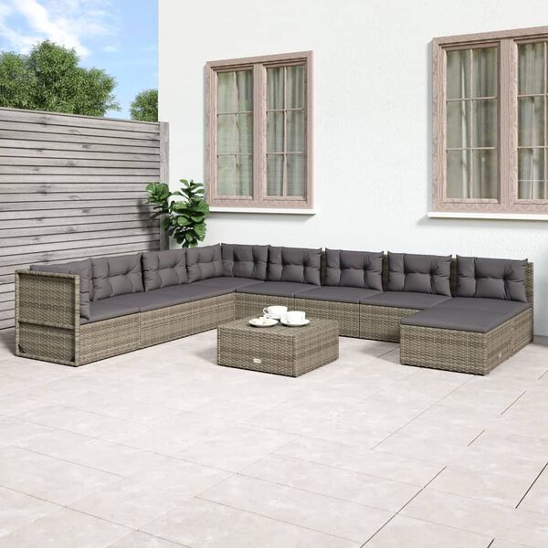 vidaXL 9 Piece Garden Lounge Set with Cushions Grey Poly Rattan