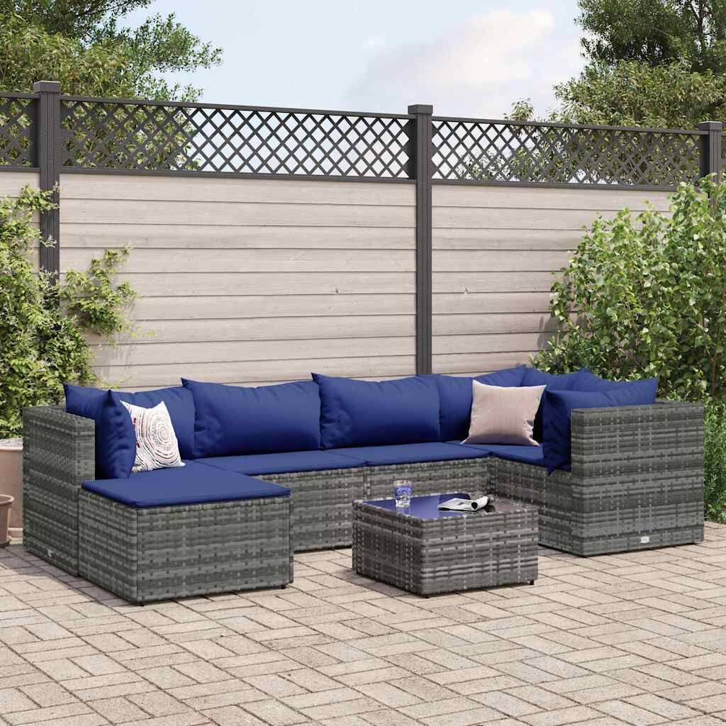 vidaXL 7 Piece Garden Lounge Set with Cushions Grey Poly Rattan