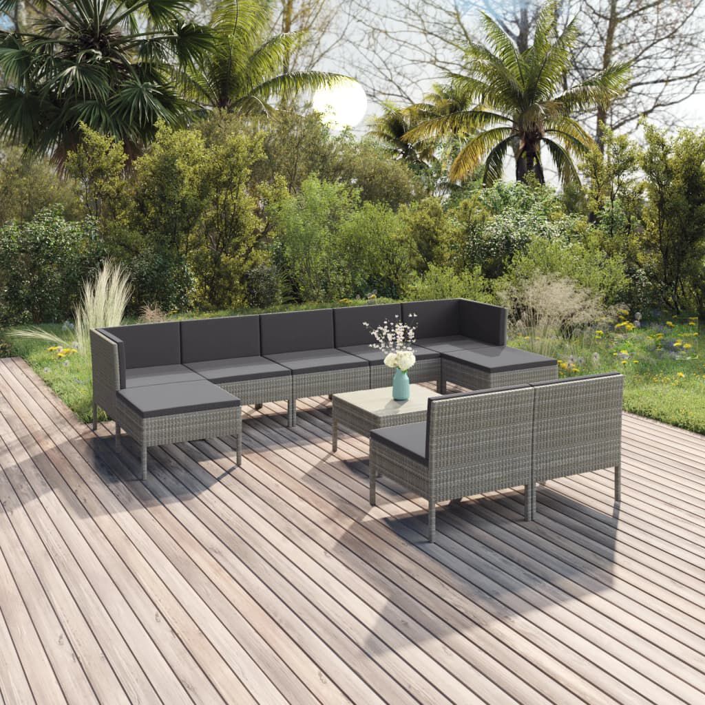 vidaXL 10 Piece Garden Lounge Set with Cushions Poly Rattan Grey